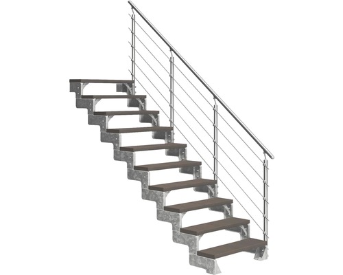 Aussentreppe Pertura Tallis mit Prova Geländer 10 Steigungen 100 cm dunkelbraun Treppe mit Holzstufen und Edelstahlgeländer