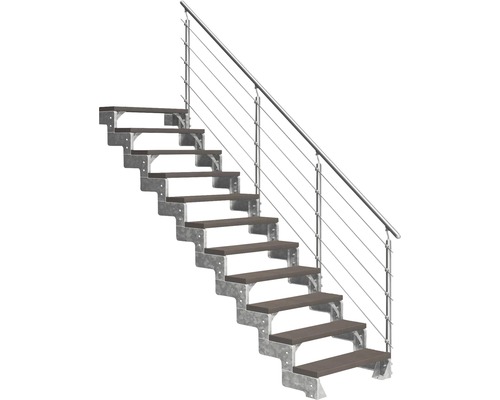 Aussentreppe Pertura Tallis mit Prova Geländer 11 Steigungen 100 cm dunkelbraun Treppe mit Holzstufen und Edelstahlgeländer