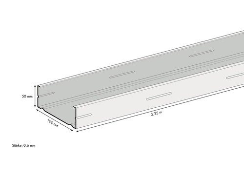 Deckenprofil aus Metall mit den Maßen 3,25 Meter Länge, 100 Millimeter Breite und 50 Millimeter Höhe