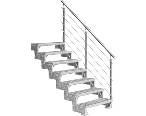 Aussentreppe Pertura Tallis mit Prova Geländer 7 Steigungen 100 cm Gitterrost Metalltreppe mit Geländer