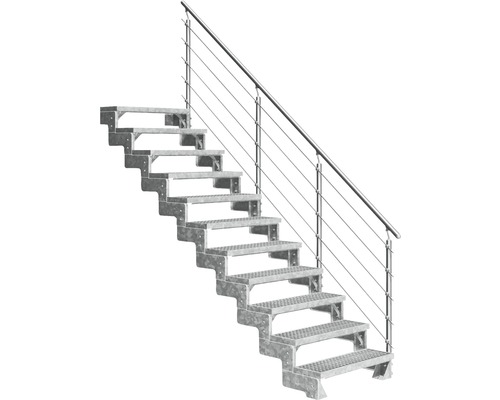 Aussentreppe Pertura Tallis mit Prova Geländer 11 Steigungen 100 cm Gitterrost Metalltreppe mit Geländer für den Außenbereich