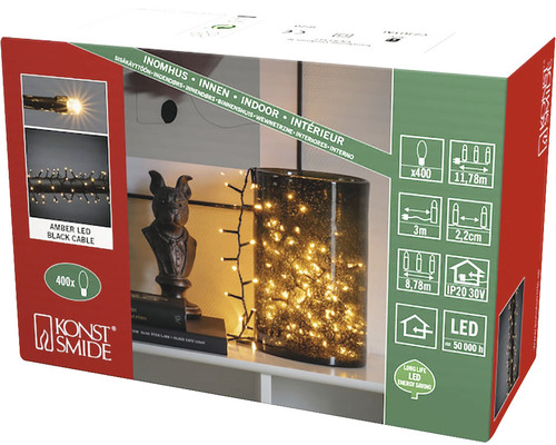 Verpackung einer Lichterkette mit 400 bernsteinfarbenen LEDs und schwarzem Kabel für den Innenbereich