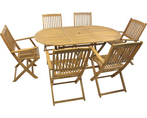 Gartenmöbelset mit ovalem Tisch und sechs Klappstühlen aus Holz