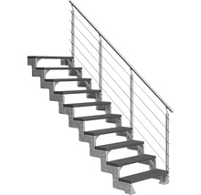 Geradläufige Treppe mit Holzstufen und Geländer aus Stahl
