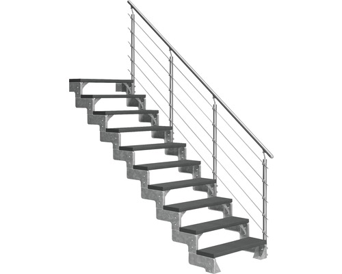 Aussentreppe Pertura Tallis mit Prova Geländer 10 Steigungen 80 cm anthrazit Geradläufige Treppe mit Holzstufen und Geländer aus Stahl
