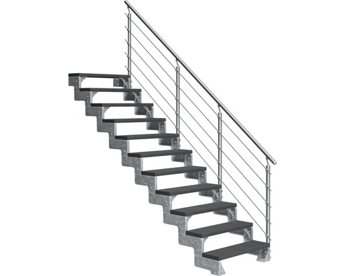 Aussentreppe Pertura Tallis mit Prova Geländer 11 Steigungen 80 cm anthrazit Treppe mit Metallstufen und Geländer
