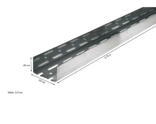 Lochschiene aus Metall mit den Maßen 2,75 Meter Länge, 40 Millimeter Höhe und 50 Millimeter Breite
