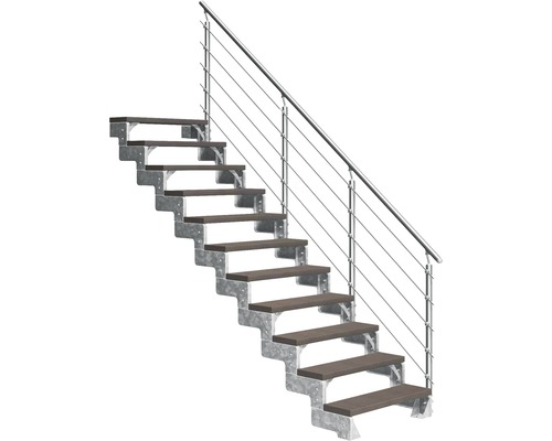 Aussentreppe Pertura Tallis mit Prova Geländer 11 Steigungen 80 cm dunkelbraun Treppe mit Metallrahmen und Geländer mit Seil