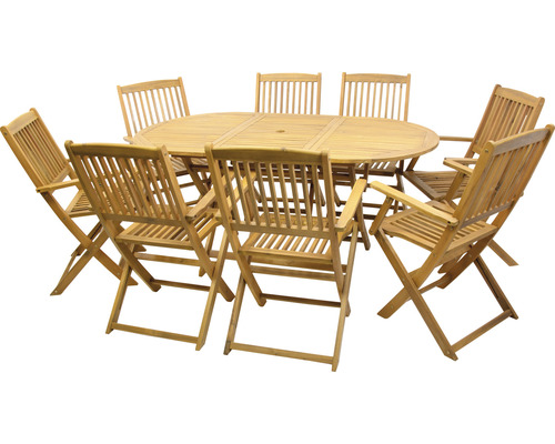Dining-Set 8-Sitzer bestehend aus: 8 Stühle, Tisch oval Holz Gartentisch mit acht Klappstühlen aus Holz