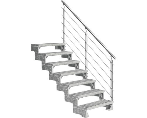 Aussentreppe Pertura Tallis mit Prova Geländer 7 Steigungen 80 cm Gitterrost Metalltreppe mit Geländer