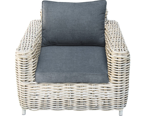Rattan Sessel mit grauen Polsterkissen