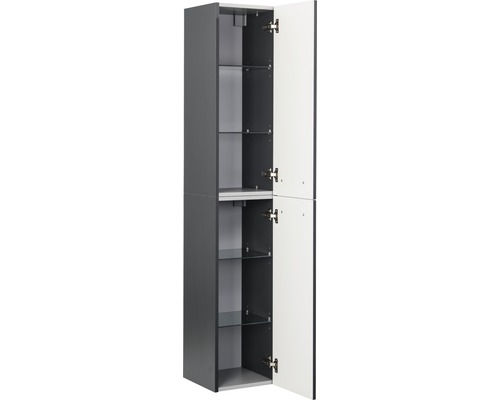 Hochschrank mit Glasböden und geöffneten Türen