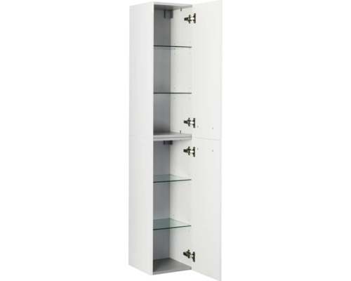 Weißer Hochschrank mit offenen Türen und Glasböden