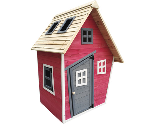 Spielhaus aus Holz mit Dachfenstern und schräger Tür