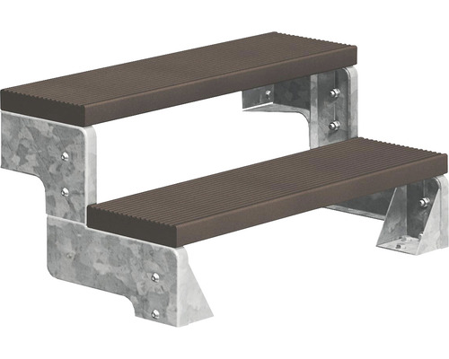 Aussentreppe Pertura Tallis ohne Geländer 2 Steigungen Trimax 100 cm dunkelbraun Doppeltrittstufe mit Metallgestell und Trittstufen