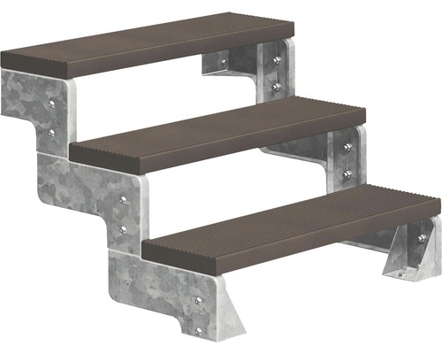 Aussentreppe Pertura Tallis ohne Geländer 3 Steigungen Trimax 100 cm dunkelbraun Dreistufige Treppe mit Metallrahmen und Kunststoffstufen