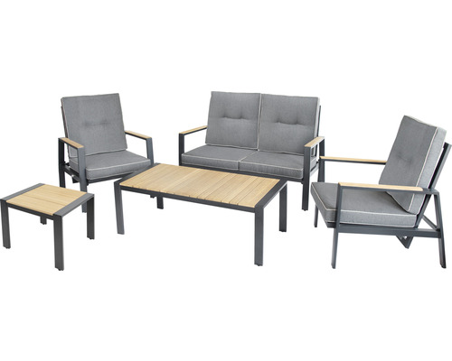 Gartenmöbelset mit zwei Stühlen, einer Bank, einem Tisch und einem Beistelltisch für den Außenbereich