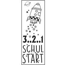 Grafik zum Schulanfang mit Rakete, Planet und Sternen
