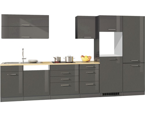 Held Möbel Küchenzeile Mailand 360 cm Frontfarbe grau hochglanz Korpusfarbe graphit zerlegt