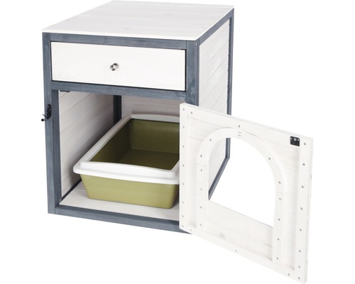 Katzenklohaus aus Holz mit Schublade und geöffneter Tür