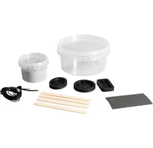 Gießformset mit Gießpulver, Formen, Holzstäbchen, Schnur und Schleifpapier
