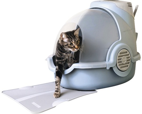 Katze in einer geschlossenen Katzentoilette mit Matte