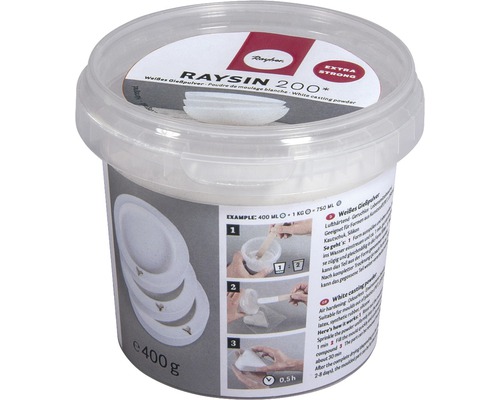 Raysin 200 Gießpulver in einer transparenten Dose mit Anwendungsbeispiel und Produktdetails