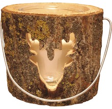 Teelichthalter aus Holz mit Hirschmotiv und Metallgriff