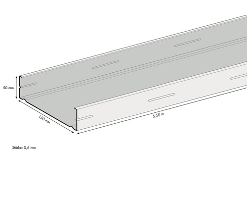 Illustration eines 5,50 Meter langen C-Profils mit den Maßen 50 mal 150 Millimeter und einer Stärke von 0,6 Millimeter.
