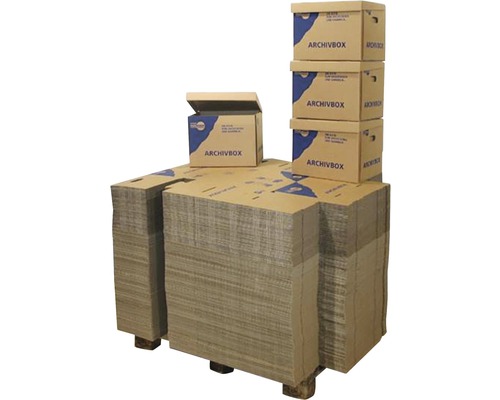 Palette Cargo Point Archivbox 400 x 320 x 300 mm 38 L, 200 Stück Stapel unmontierter Archivboxen mit aufgebauten Archivboxen obenauf