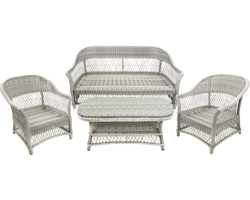 Gartensitzgruppe aus Rattan mit Sofa, zwei Stühlen und Tisch
