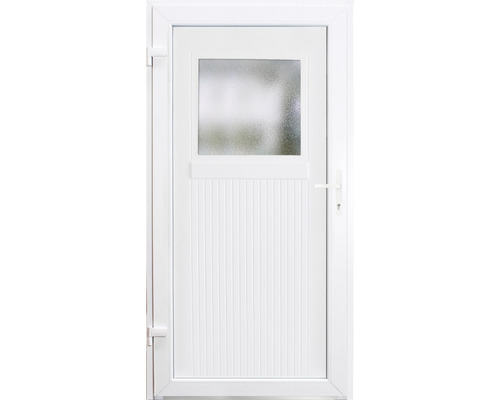 Weiße Nebeneingangstür mit Glaseinsatz