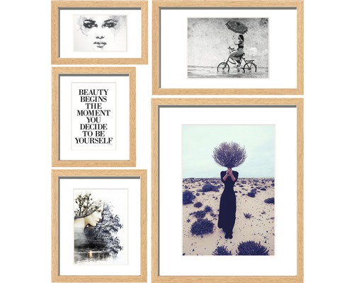 Collage aus fünf gerahmten Kunstdrucken mit verschiedenen Motiven