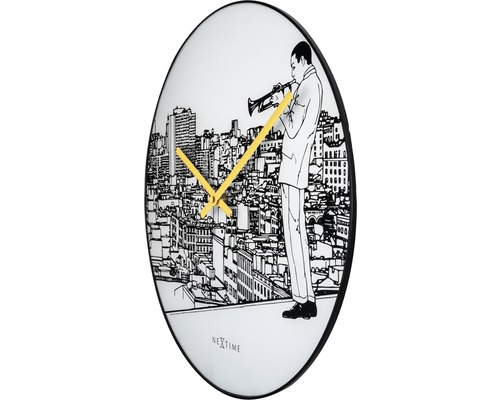 Wanduhr mit Stadtmotiv und Trompeter