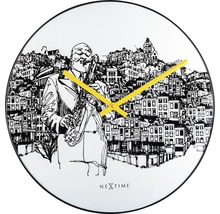 Nextime Wanduhr mit Saxophonspieler und Stadtmotiv