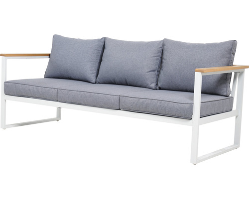 Gartensofa mit drei Sitzplätzen, Kissen und Holzarmlehnen