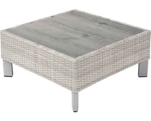 Quadratischer Gartentisch mit Rattanoptik und Tischplatte in Holzoptik