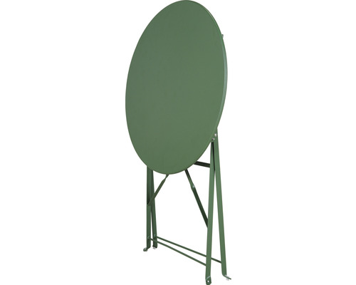 Klappbarer Gartentisch mit runder Tischplatte und Metallgestell