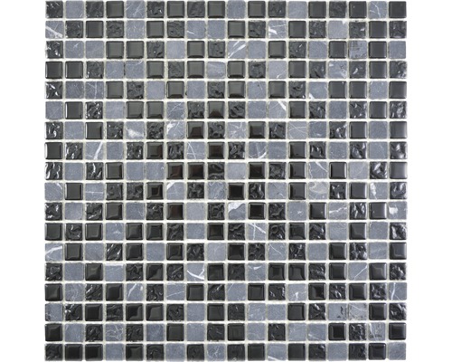 Glasmosaik Crystal mit Naturstein CM M465 30x30 cm Grau/Schwarz Mosaikfliese aus Glas und Stein
