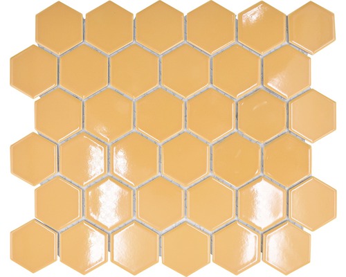 Keramikmosaik Hexagon HX 570 32,5x28,1 cm ockerorange glänzend Sechseckige Keramikmosaikfliesen auf einem Netz