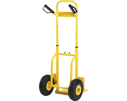 Gelbe Sackkarre mit zwei Rädern und Griffen.