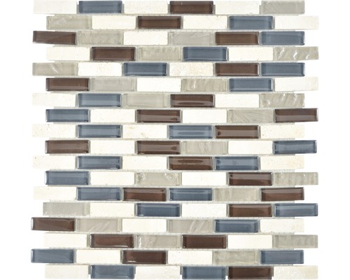 Glasmosaik XCM IL037 Verbund 29,8x30,4 cm Crystal/Stein mix Mosaikfliese mit rechteckigen Steinen in verschiedenen Farben