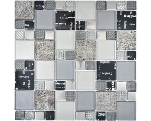 Glasmosaik XCM MC529 29,8x29,8 cm Silber/Grau/Schwarz Mosaikfliese mit Glas-, Stein- und Metallelementen