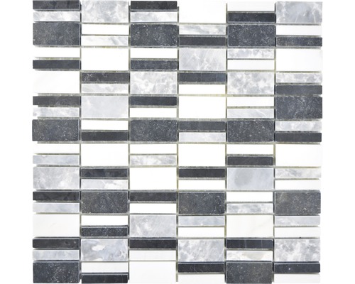 Natursteinmosaik XNM BC449 30x30 cm Schwarz/Weiß/Grau Mosaikfliese aus Marmor, bestehend aus rechteckigen Stücken