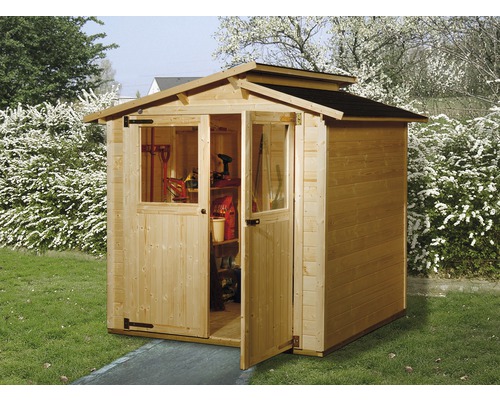 Gartenhaus weka 323 Gr.1 inkl. Fußboden 225 x 175 cm lasiert Gartenschuppen aus Holz mit geöffneter Tür und Fenstern