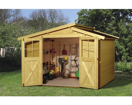 Gartenhaus weka 323 Gr.3 inkl. Fußboden 330 x 221 cm lasiert Offener Holzgarten Schuppen mit Regalen und Gartengeräten