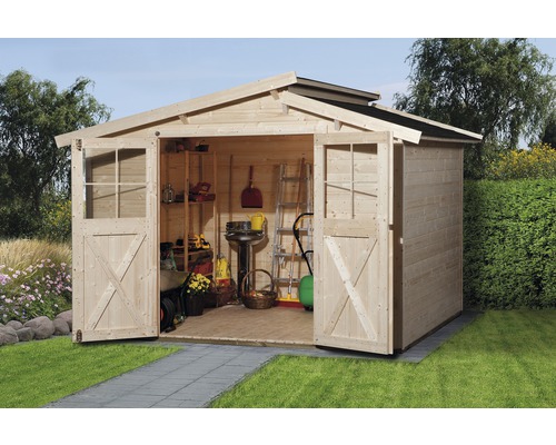 Gartenhaus weka 323 Gr.4 inkl. Fußboden 330 x 277 cm natur Offener Holz Geräteschuppen mit Gartengeräten und Regalen