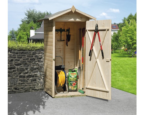 Gartenschrank, Terrassenschrank weka 351 83x85x196 cm natur Holzgeräteschuppen mit Gartengeräten und geöffneter Tür