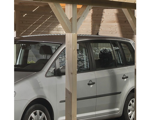 Ein silberfarbenes Auto steht unter einem Holzcarport.