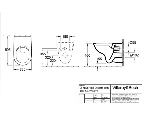 Technische Zeichnung einer Villeroy & Boch O.novo Vita DirectFlush Toilette mit Maßangaben